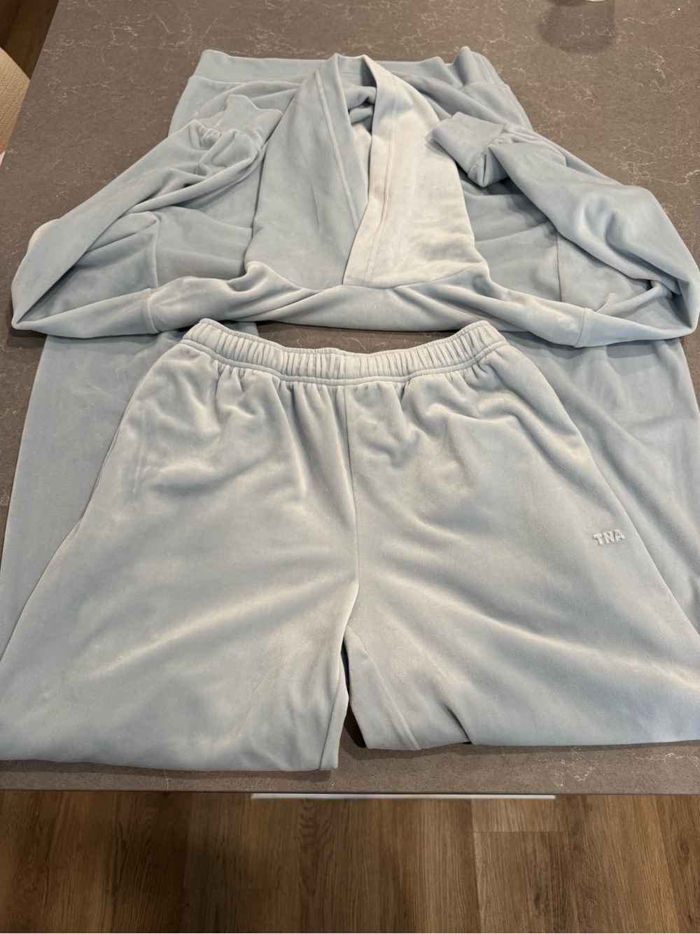 Aritzia TNA Light Blue Velour Track Pants & Hoodie Set